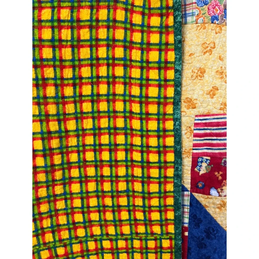 Vintage Patchwork Quilt 50x50 Bright Plaid Floral Cottagecore Throw